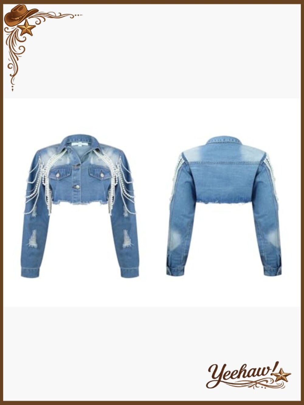 Cropped Denim Jacket Long Sleeve Trendy Pearl Distressed Crop Top Jean Jacket - Picture 6 of 6